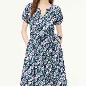 JCrew Puff sleeve tie waist midi dress - Size 8, Navy Lilac
